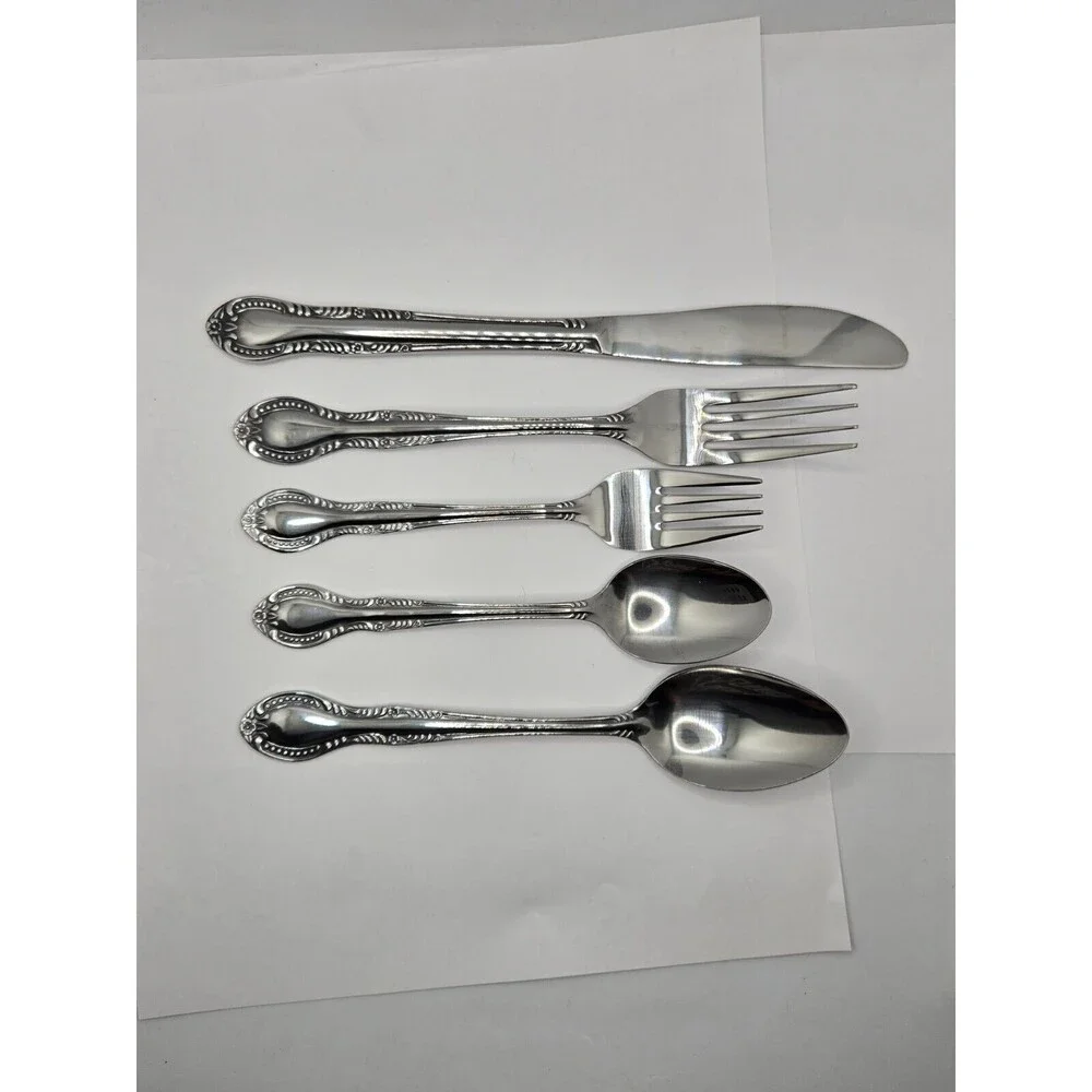 Vintage Stainless Flatware Spoon Knife Fork Columbia Japan Beaded Edge Set of 20